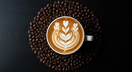Obraz premium Elegant latte art in white cup surrounded by fresh coffee beans on dark background