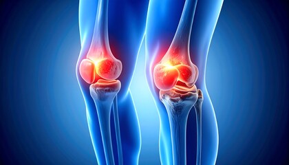 3D medical illustration of inflamed knees, highlighting bone and joint structures