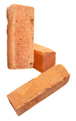 Side view of three cracked old red or orange bricks in stack isolated with clipping path in png file format
