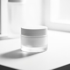 Minimalist white cosmetics jar in sunlit room for skincare and beauty product display