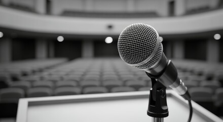 Microphone stands on podium in empty theater auditorium, concept for public speaking event, conference presentation and lecture hall meeting invitation with a professional speaker event.