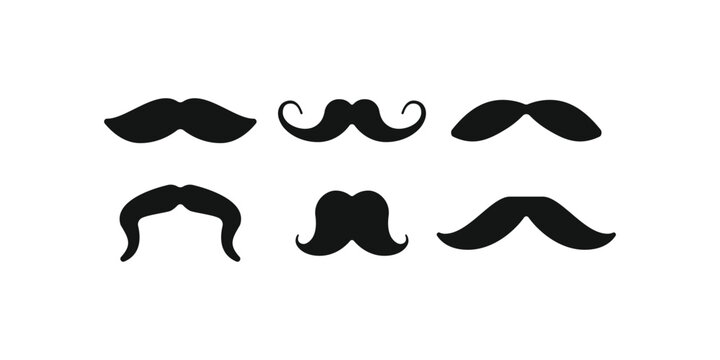 Set of black mustache vector icons. Diverse mustache styles vector collection. Gentleman, party props, and facial hair elements. Various shapes for vintage, retro, or men's fashion designs