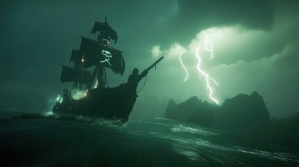 Fototapeta premium Dark pirate ship in a stormy sea.