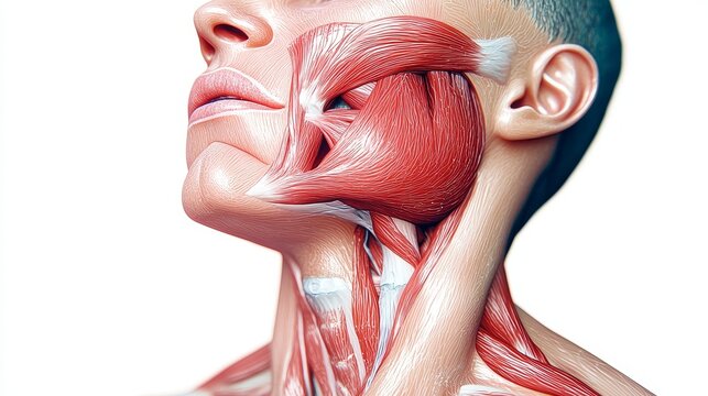 A medical illustration of the human facial muscles focusing on the masseter, temporalis, and pterygoid muscles, showing muscle spasm