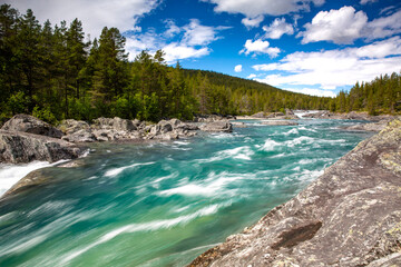 Rwąca krystalicznie czysta górska rzeka w pogodny letni dzień © Michal Przystas