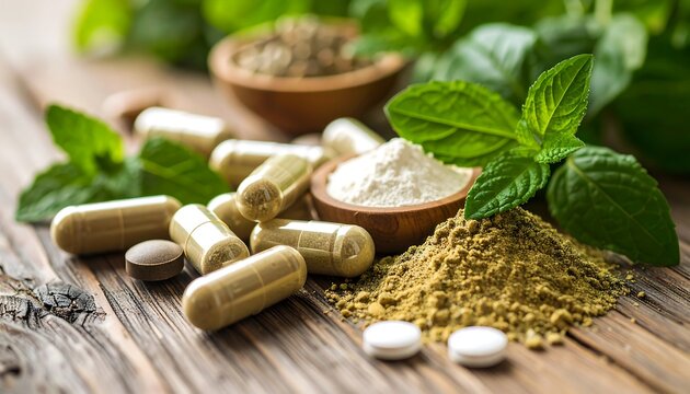 Herbal supplements on wooden surface