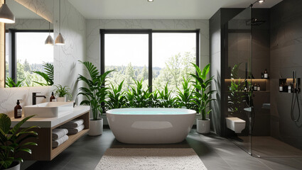 Transform your home into a luxurious spa retreat with this stunning modern bathroom featuring a freestanding tub and lush greenery