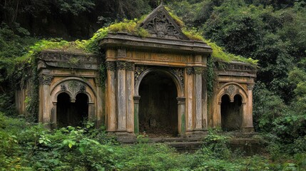 Fototapeta premium Decaying, overgrown, ancient mausoleum nestled in lush, green forest.