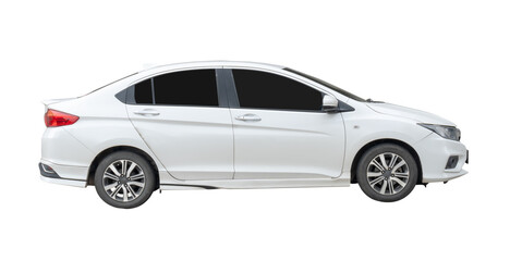 Right side view of white sports sedan car isolated on white background with clipping path in png file format