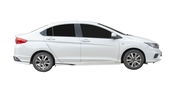 Right side view of white sports sedan car isolated on white background with clipping path in png file format