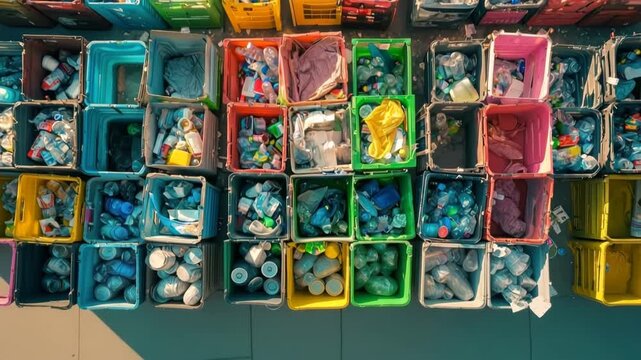 Top-Down Aerial View of Tightly Packed Recycling Bins Filled with Plastic, Cans, and Waste &ndash; Bright Daylight Cinematic Documentary Shot