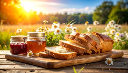 Fresh bread slices and preserves on a rustic wooden board outdoors in a field of daisies at sunrise