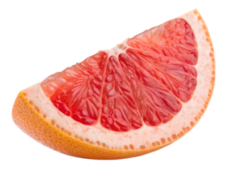 A fresh red grapefruit wedge is perfectly isolated with a transparent background, available as a high quality PNG for vibrant fruit designs.