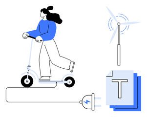 Woman rides electric scooter connected to power source, wind turbine generating energy, and digital documents. Ideal for sustainability, eco-power, clean energy, green transportation, renewable