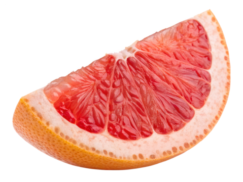A fresh red grapefruit wedge is perfectly isolated with a transparent background, available as a high quality PNG for vibrant fruit designs.