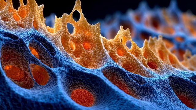 Timelapse digital rendering of bone remodeling process with vibrant orange osteoclasts dissolving old bone and blue osteoblasts synthesizing fresh bone layers.