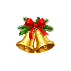 Golden Christmas bells decorated with red ribbon and bow on white background