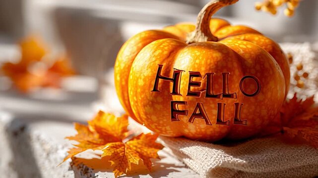 Pumpkin with text "Hello Fall" and Autumn Leaves, Berries for home decoration. Cozy Seasonal Decoration for Harvest and Thanksgiving