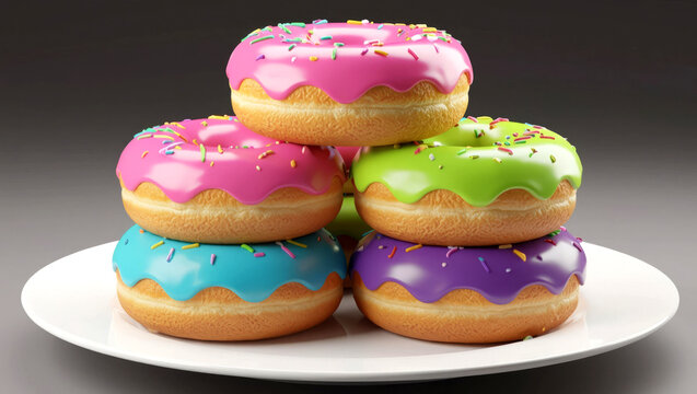 Vibrant assortment of colorful frosted donuts stacked on a white plate, a sweet treat celebration - Powered by Adobe