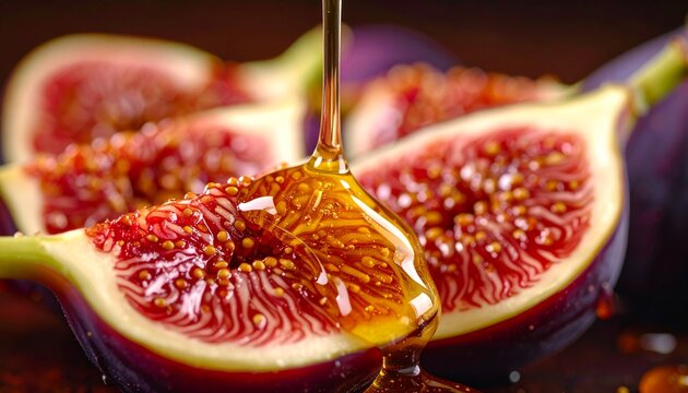 Close-up of a ripe fig half with honey drizzling over it