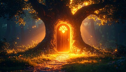 Enchanting forest, glowing treehouse