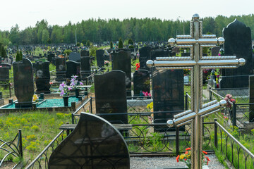 Serene cemetery landscape in summer. Timeless monuments standing guard over cherished memories in a lush green cemetery. Whispers of the past a tranquil graveyard adorned with vibrant flowers.