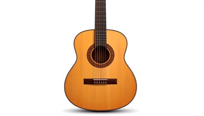 Naklejka premium Light brown acoustic guitar, front view, isolated on white