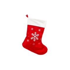 Bright red Christmas stockings filled with gifts and holiday ornaments isolated on white background