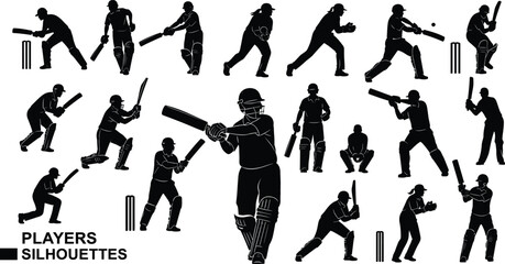 Cricket player silhouettes, vector sports set, batting, bowling, fielding poses, cricket bat, professional athletes, black shadow figures illustration