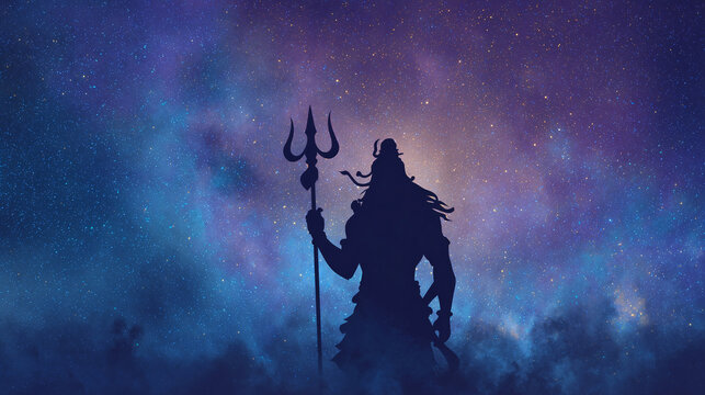 Lord Shiva silhouette with glowing trident in cosmic galaxy background, gradient blue-purple sky, copy space on the right