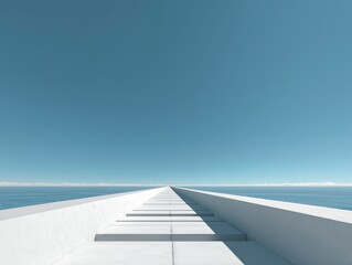 Fototapeta premium Minimalist Seaview Long Bridge, Open Space & Blue - White Skyline, for Architectural Design, Meditation Scenes, Minimalist Style Material