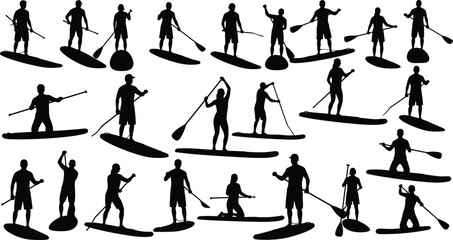 Stand up paddleboarding silhouettes, paddle board vector people, water sport black figures, outdoor activity poses, SUP surfing clipart design