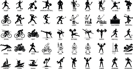 Sports silhouette collection, black athletic icons, vector illustrations, various sport activities, fitness competition symbols, male and female athletes clipart