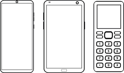 Minimalist vector illustration of three mobile phones including modern smartphones and a classic keypad mobile phone. Perfect for user interface mockups, communication-related graphics, mobile technol