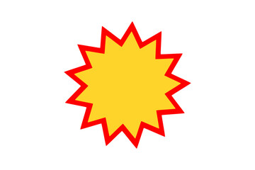 Cartoon explosion starburst shape in yellow with red outline. Comic-style burst design for stickers, overlays, labels, and sales promotions.