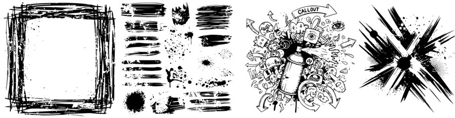 Decorative Grunge Lines & Graffiti Spray Vector Set | Distressed Black & White Ink Textures