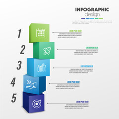 Stacked cubes infographic timeline presentations and business concept charts with 5 options