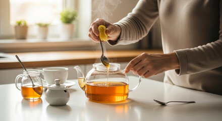 Sunlit Morning Ritual: Hands Squeezing Lemon into a Steaming Glass Teapot.