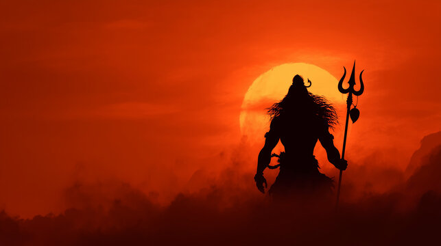 Mahadev, powerful silhouette with trishul and third eye glowing, dramatic orange-red sunset background