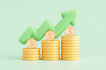 3d illustration of Financial Growth 3D Concept with Gold Coins, Up Arrow, and Wealth for Investment Success,Stack of coin with trading graph