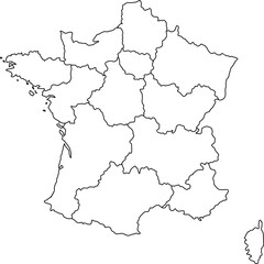 Outline map of France showing its 13 current administrative regions. Ideal for modern geographical, political, or data-driven projects.