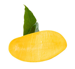 A half of ripe yellow mango fruit with green mango leaves isolated with clipping path in png file format
