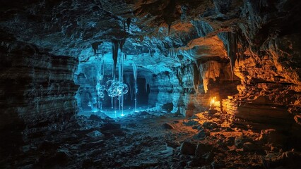 Geologic Hydrogen. Blue glowing cave stalactites with orange torchligh