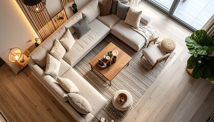 High-angle view of a modern living room with beige sectional sofa, wooden coffee table, and light wood floors