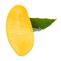 A half of ripe yellow mango fruit with green mango leaves isolated on white background with clipping path