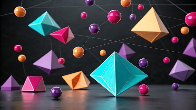 Abstract Geometric Shapes on Dark Background with Spheres and Pyramids Connectivity and Modern Design