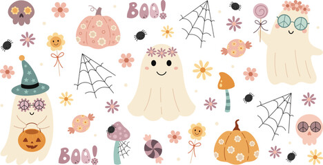 Retro groovy halloween 16oz glass can wrap. Cute halloween ghost, pumpkin, skull cup wrap. Spooky sublimation design.