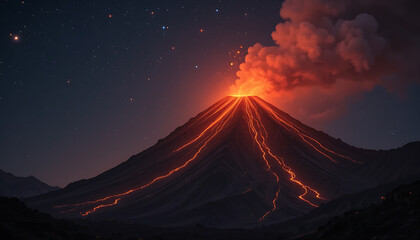 Volcano Eruption at Night with Glowing Lava and Smoke