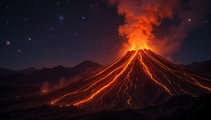Volcano Eruption at Night with Glowing Lava and Smoke