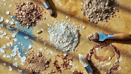 Lippan Art. Dry coffee mocha cocoa powders brown white on wooden table